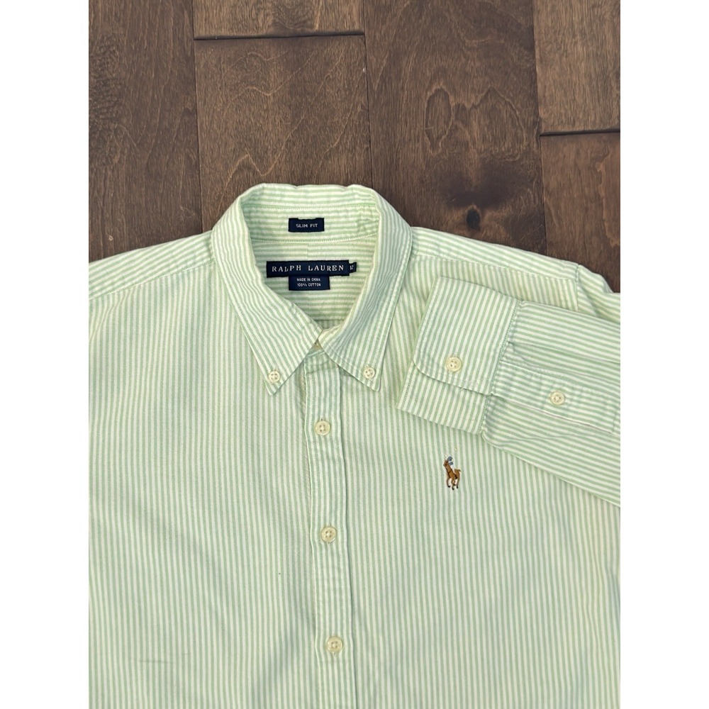 Ralph Lauren Womens Slim Fit Green Button Down Oxford Shirt Size 12 Flesh Pony